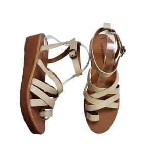 Lucky Brand Womens Hoami Wedge Sandal Size 8.5 Beige Strappy Leather Bohemian
